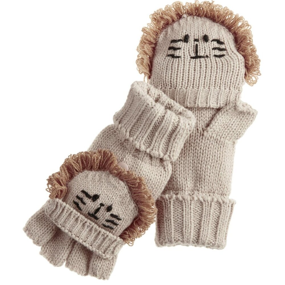 NEW NWT World Market LION gloves fingerless flip top women's knit tan cute beige